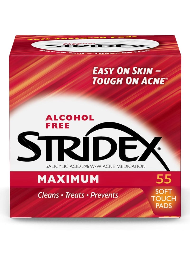 Stridex Stridex Medicated Acne Pads, Maximum, 55 Count – Facial Cleansing Wipes, Alcohol Free, Acne Treatment for Face, For Moderate Acne, Smooth Application  - Image 1