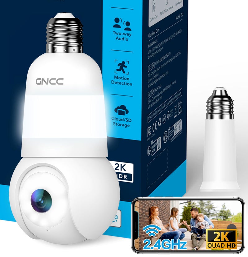 GNCC 2K Light Bulb Security Camera, 2.4GHz Only, 355Â° Wireless Outdoor Camera, Full-Color Night Vision, Motion Detection, Easy Install, Local & Cloud Storage Requires Subscription (1-Pack, White) - Image 1
