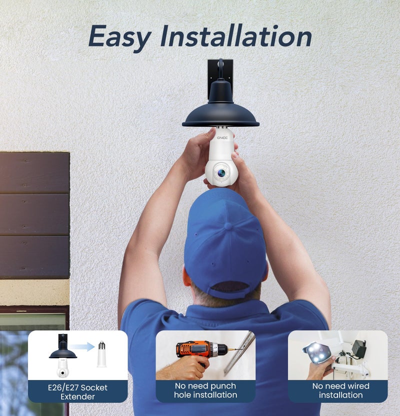 GNCC 2K Light Bulb Security Camera, 2.4GHz Only, 355Â° Wireless Outdoor Camera, Full-Color Night Vision, Motion Detection, Easy Install, Local & Cloud Storage Requires Subscription (1-Pack, White) - Image 5