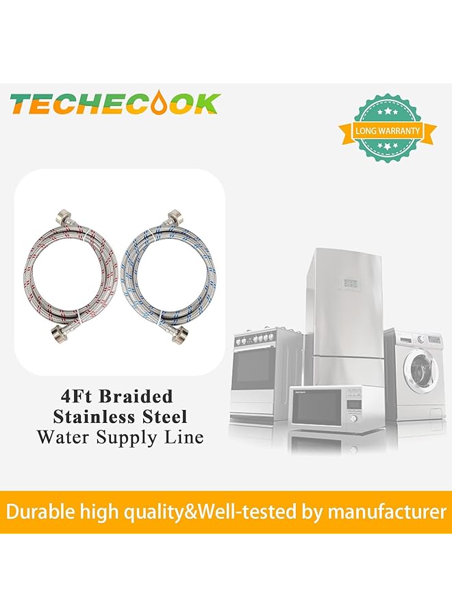 إيروريكس خراطيم غسالة من الفولاذ المقاوم للصدأ بطول 4 أقدام مقاومة للانفجار مكونة من قطعتين من خراطيم إمداد المياه الساخنة والباردة لجميع الغسالات - Image 2