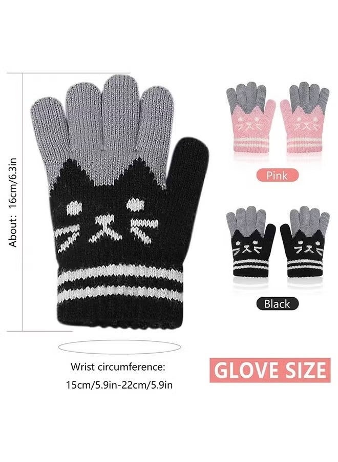 2 Pairs Kids Winter Gloves Warm Knitted Soft Gloves Cute Cat Thermal Full Fingers Stretch Gloves Outdoor School Costume Daily Wearing for Boys Girls 3-8 Years Old (Black+Pink) - Image 3