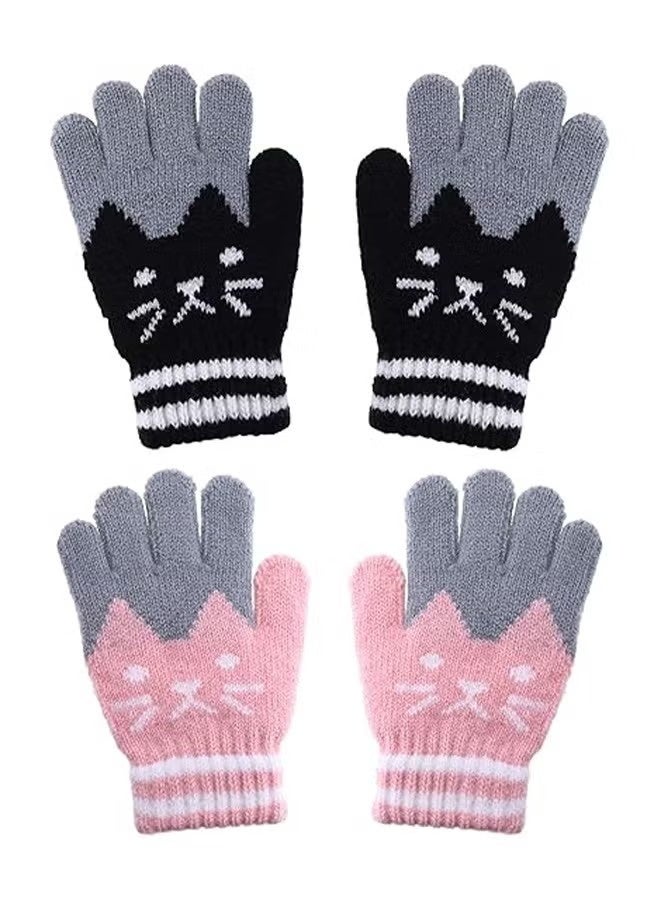 2 Pairs Kids Winter Gloves Warm Knitted Soft Gloves Cute Cat Thermal Full Fingers Stretch Gloves Outdoor School Costume Daily Wearing for Boys Girls 3-8 Years Old (Black+Pink) - Image 1