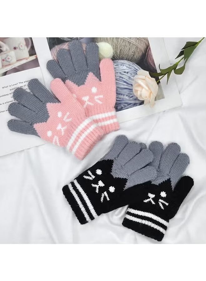 2 Pairs Kids Winter Gloves Warm Knitted Soft Gloves Cute Cat Thermal Full Fingers Stretch Gloves Outdoor School Costume Daily Wearing for Boys Girls 3-8 Years Old (Black+Pink) - Image 2