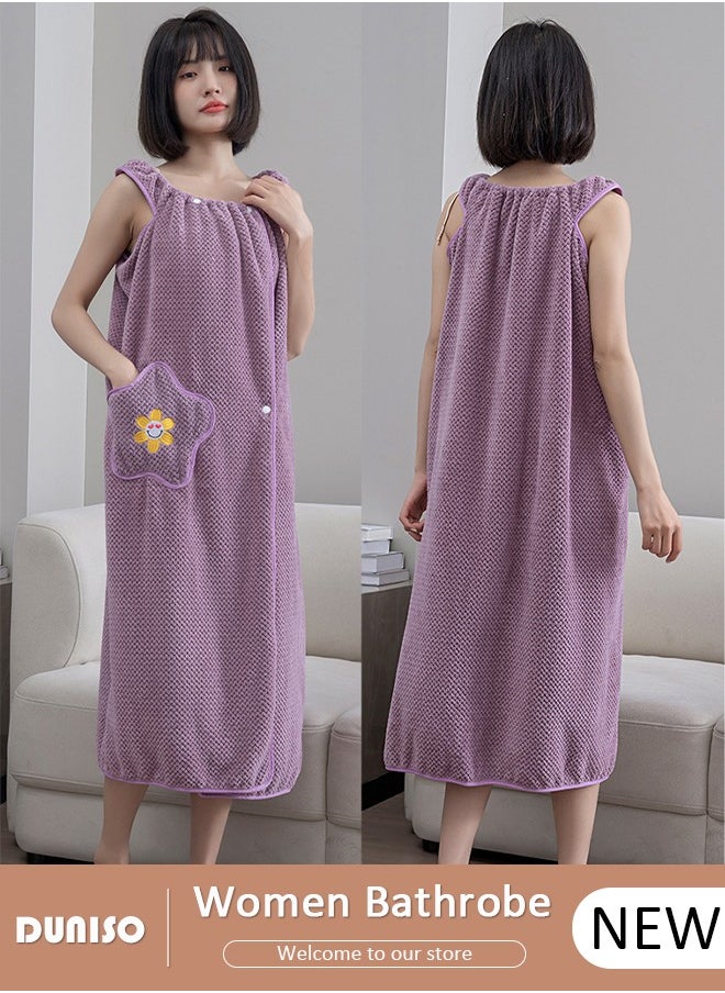 DUNISO Women Bath Robe With Pocket, Off-shoulder Wearable Bath Towel With Snap Button, Bathrobe Suitable For Sauna Beach Swimming Pool Gym Travel  - Image 1