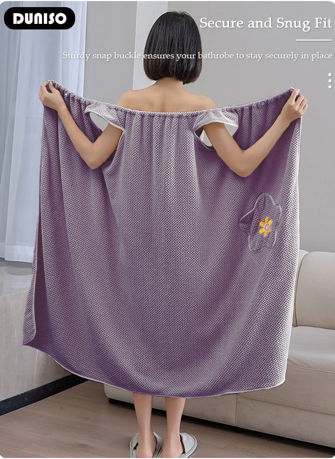 DUNISO Women Bath Robe With Pocket, Off-shoulder Wearable Bath Towel With Snap Button, Bathrobe Suitable For Sauna Beach Swimming Pool Gym Travel  - Image 2