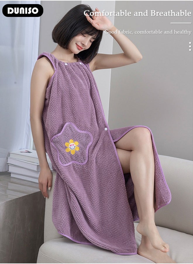 DUNISO Women Bath Robe With Pocket, Off-shoulder Wearable Bath Towel With Snap Button, Bathrobe Suitable For Sauna Beach Swimming Pool Gym Travel  - Image 3