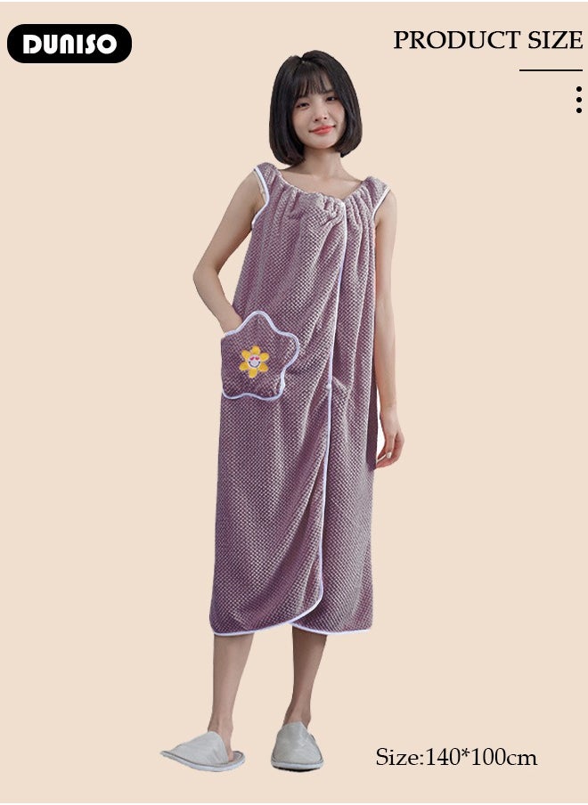DUNISO Women Bath Robe With Pocket, Off-shoulder Wearable Bath Towel With Snap Button, Bathrobe Suitable For Sauna Beach Swimming Pool Gym Travel  - Image 4