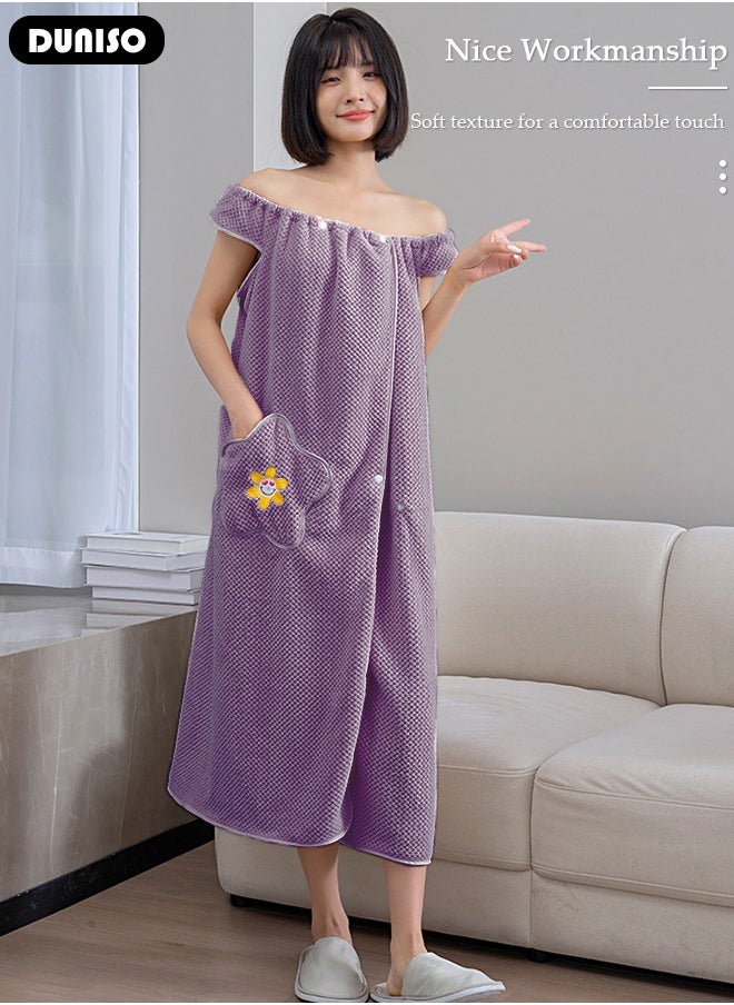 Women Bath Robe With Pocket, Off-shoulder Wearable Bath Towel With Snap Button, Bathrobe Suitable For Sauna Beach Swimming Pool Gym Travel