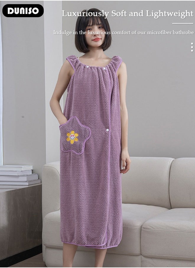 Women Bath Robe With Pocket, Off-shoulder Wearable Bath Towel With Snap Button, Bathrobe Suitable For Sauna Beach Swimming Pool Gym Travel