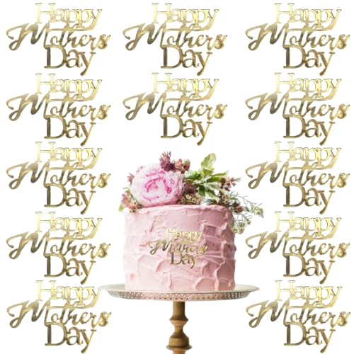AUOCATTAIL 12 Pcs Happy Mothers Day Cake Toppers Gold Acrylic Mirror Cupcake Topper Engraved Cake Decorations for Moms Birthday Party Dessert DIY Decor Supplies - Image 1