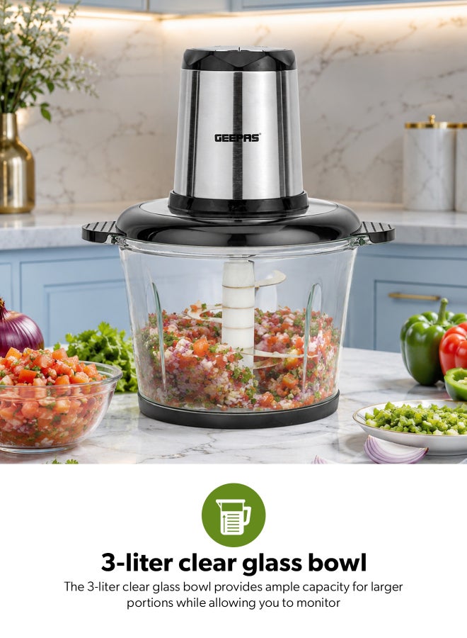 GEEPAS 3.0 liter Multi Chopper Compact Multi-Purpose Chopping Machine, Mincing Function, Coarse and Fine/ Stainless Steel Housing, Cutter Pole and Gear, Suitable for Vegetables, Fruits, Meat 3 L 500 W GMC42029 BLACK AND SILVER - Image 2