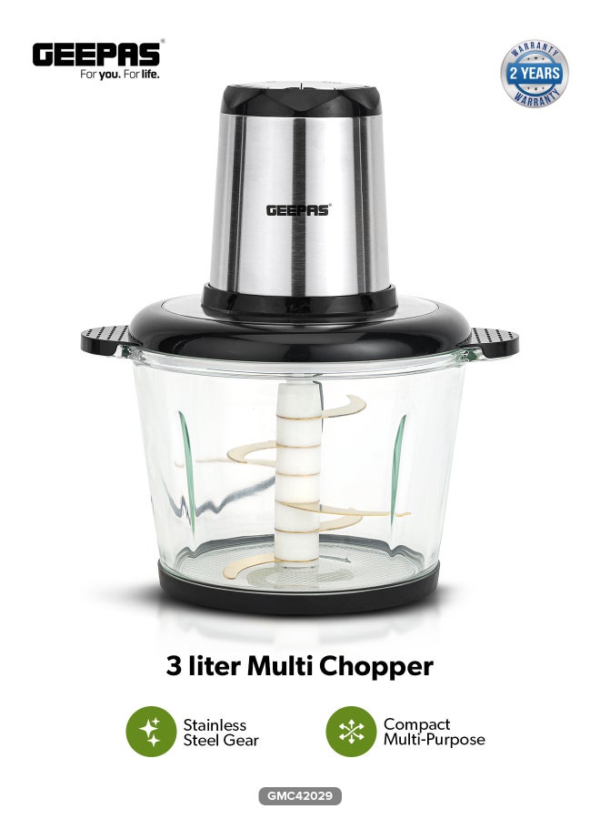 GEEPAS 3.0 liter Multi Chopper Compact Multi-Purpose Chopping Machine, Mincing Function, Coarse and Fine/ Stainless Steel Housing, Cutter Pole and Gear, Suitable for Vegetables, Fruits, Meat 3 L 500 W GMC42029 BLACK AND SILVER - Image 1