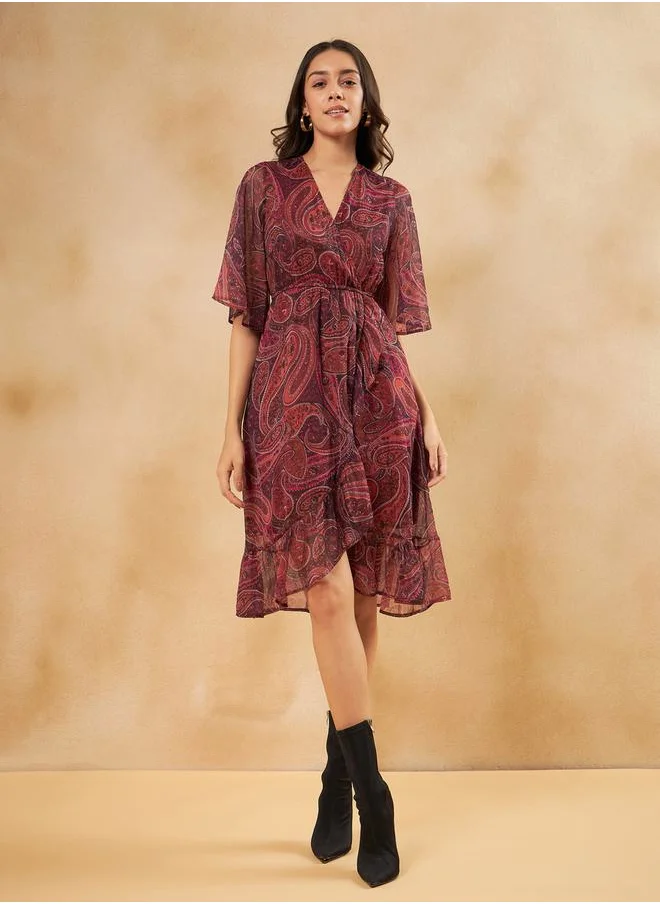 FEMELLA Paisley Print Ruffle Hem Wrap Midi Dress by Styli