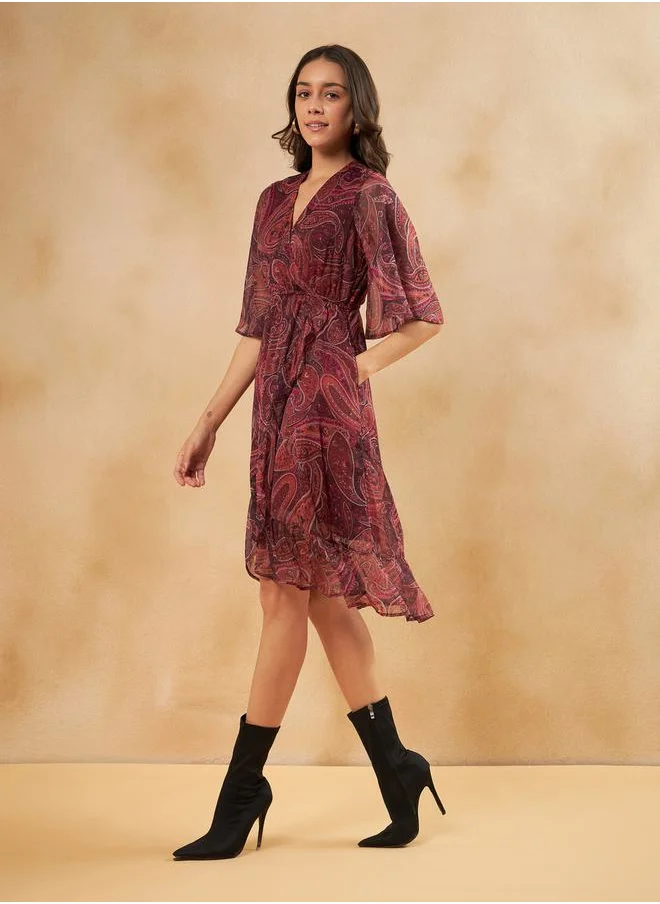 FEMELLA Paisley Print Ruffle Hem Wrap Midi Dress by Styli