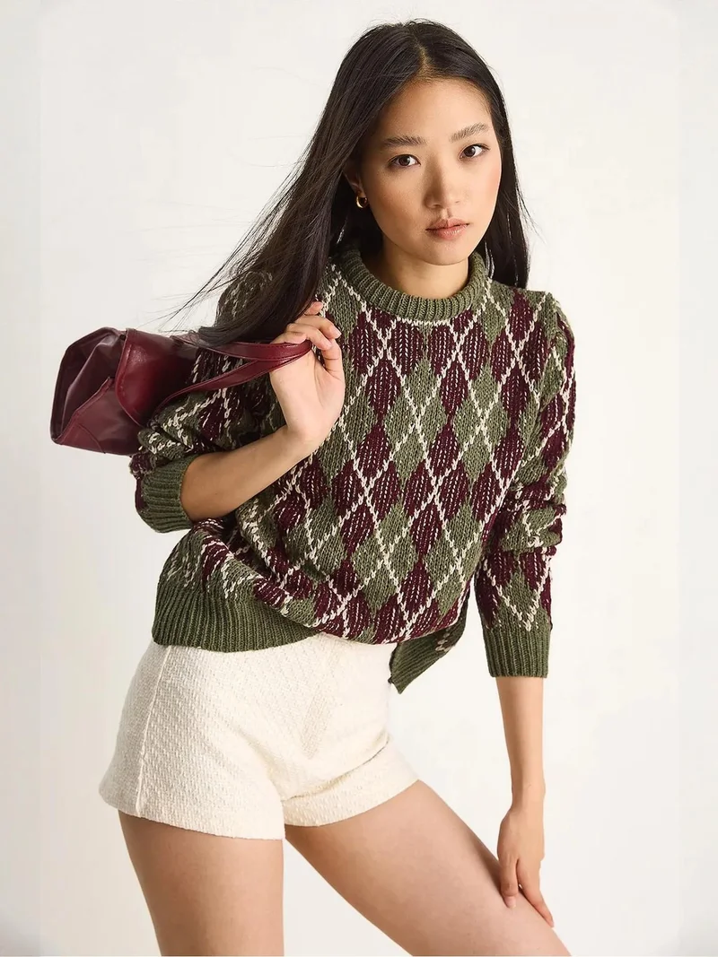 Bianco Lucci Khaki Green LUCCI Women’s Crew Neck Knitted Sweater with Diamond Pattern for Women | Best Price UAE