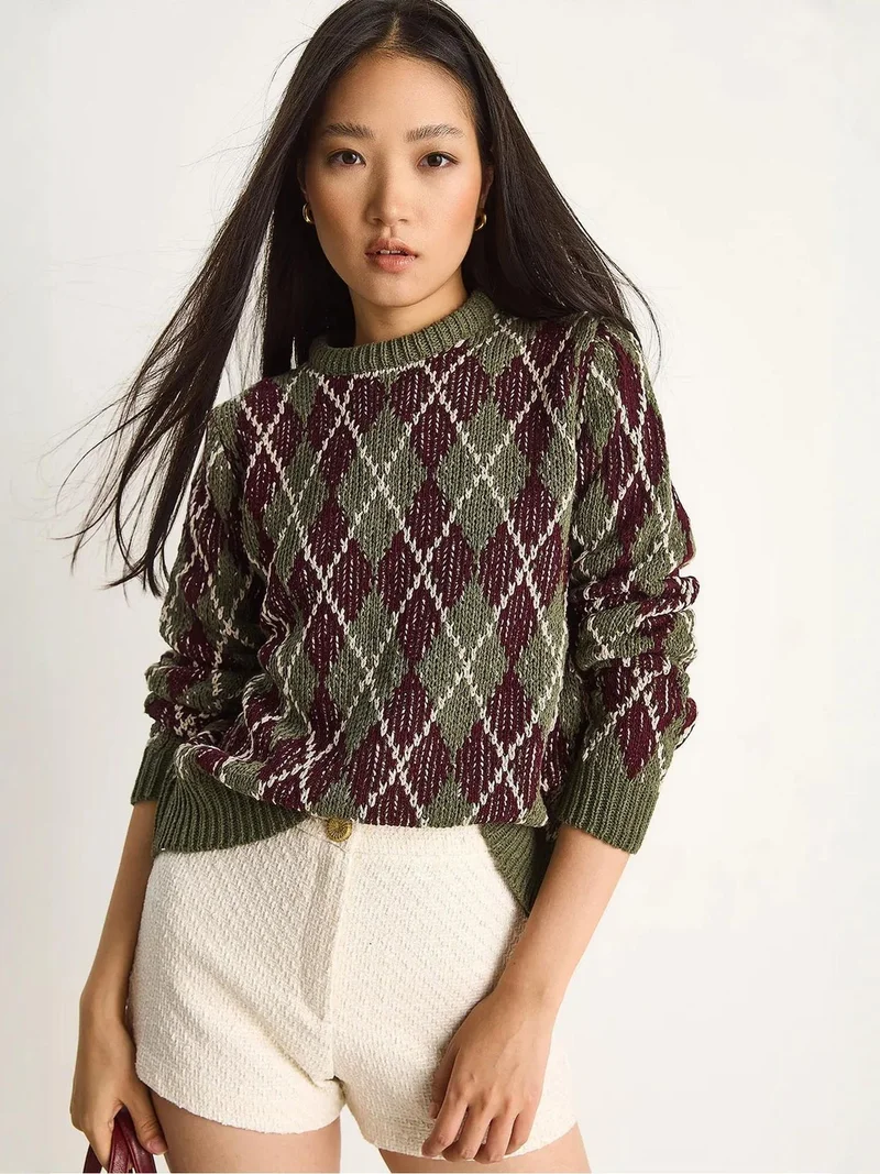 Bianco Lucci Khaki Green LUCCI Women’s Crew Neck Knitted Sweater with Diamond Pattern for Women | Best Price UAE