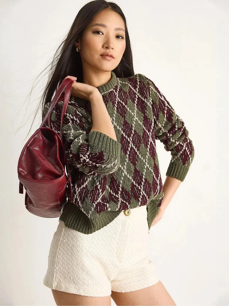 Bianco Lucci Khaki Green LUCCI Women’s Crew Neck Knitted Sweater with Diamond Pattern for Women | Best Price UAE