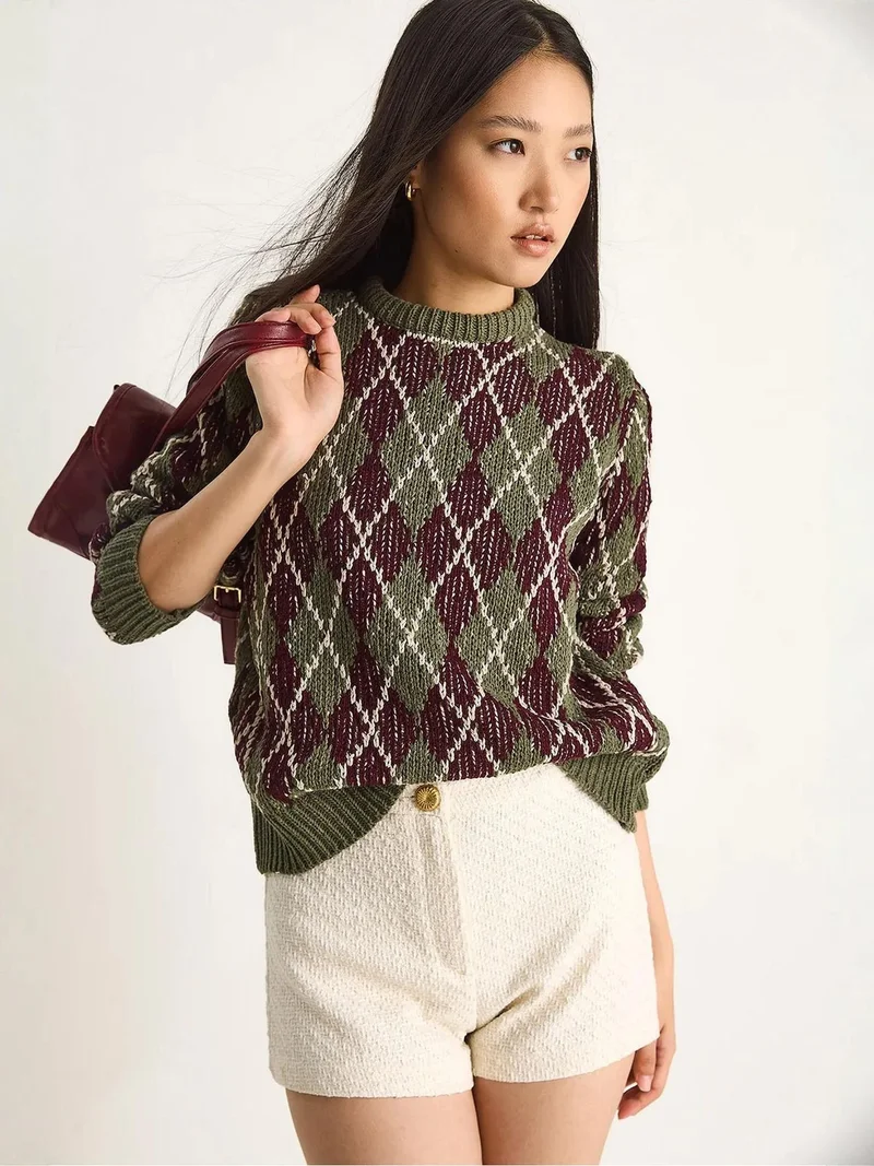 Bianco Lucci Khaki Green LUCCI Women’s Crew Neck Knitted Sweater with Diamond Pattern for Women | Best Price UAE