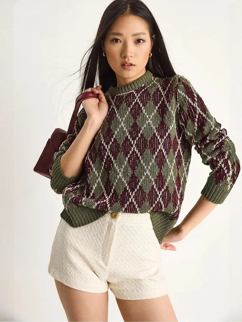 Bianco Lucci Khaki Green LUCCI Women’s Crew Neck Knitted Sweater with Diamond Pattern for Women | Best Price UAE