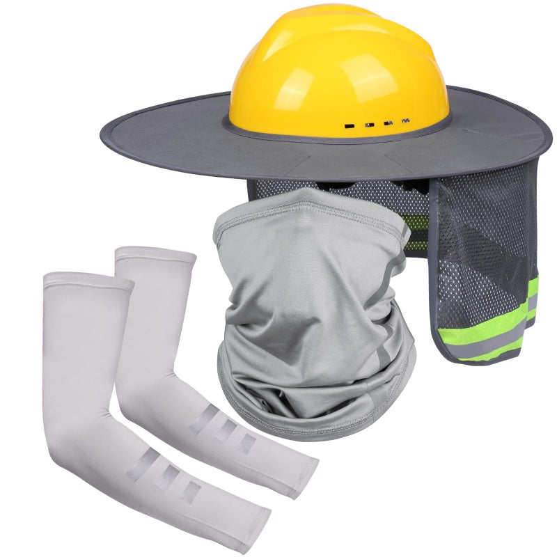 Hard Hat Sun Shade with Full Brim Visor Shield Your Neck from Sun Mens Construction Accessories for Hardhat Hats UV Sunshade Helmet Attachment Protection Arm Sleeves with Reflective Strip 4pcs Set