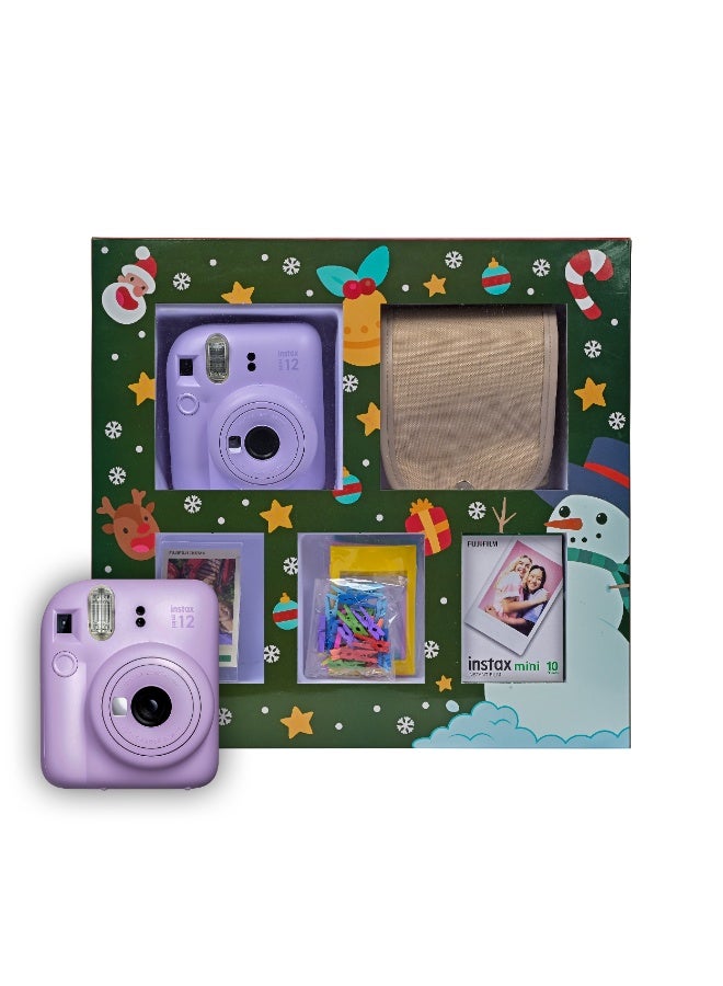 Instax Mini 12 Christmas Gift Box – Purple Instant Mini 12 Camera with Brown Case, White Mini Film, Photo Frame, Pegs and Batteries – Perfect Christmas Gift for Kids, Teens, and Adults - Image 1