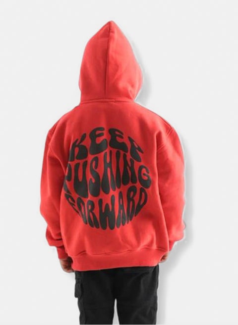 هودي أحمر للأطفال للجنسين بتصميم "دفع للأمام"