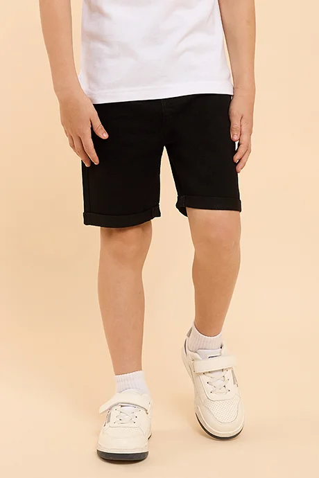 R&B Solid Denim Shorts with Button Closure