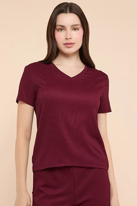 R&b Ribbed Top with V-Neck and Short Sleeves