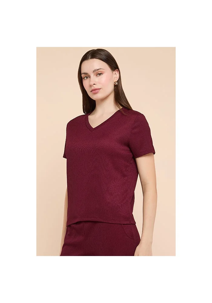 أر أند بي Ribbed Top with V-Neck and Short Sleeves