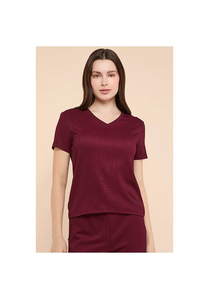 أر أند بي Ribbed Top with V-Neck and Short Sleeves