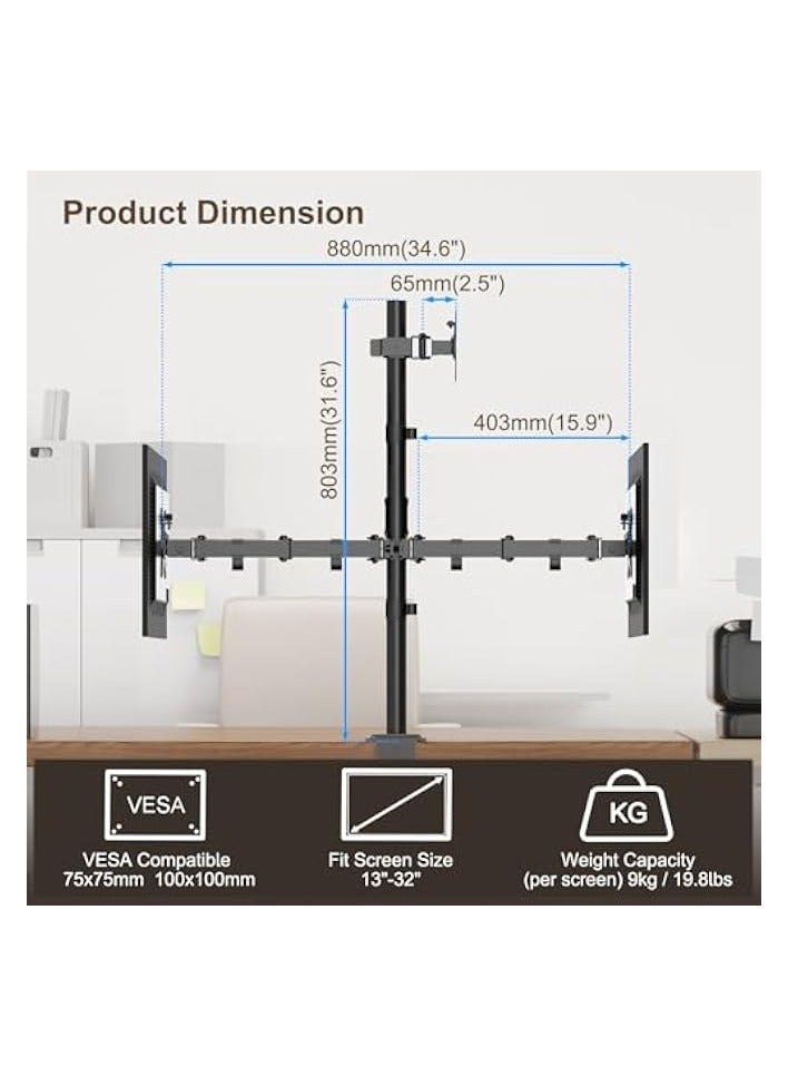 erorex Monitor Mount 3 Monitors for 13-32 Inch Flat & Curved Screen, 80 cm Rod Monitor Table Mount Swivel Tilting Height Adjustable 9 kg per Arm VESA 75 x 75 / 100 x 100 Black  - Image 3
