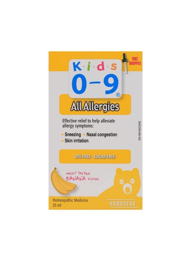 Kids 0-9 All Allergies Drops Banana Flavor 25ml – Homeopathic Medicine, Dye Free & Sugar Free