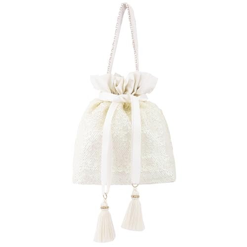 MASQ by Q-One White Sequin Potli Bag for Women | Party & Wedding Clutch Bag | Handcrafted Drawstring Potli with Tassels | Festive & Ethnic Gift Pouch for Ladies - Image 2