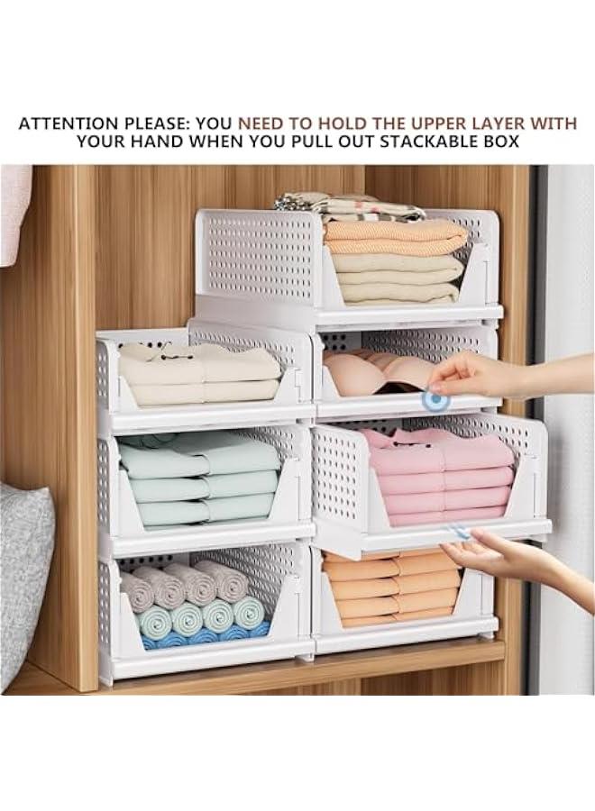 HOOKOR 4 Pack Stackable Plastic Storage Basket, Closet Organizer Bin, Foldable Clothes Storage Drawer Shelf Container for Living Room Bathroom Kitchen Office (4L), White - Image 3