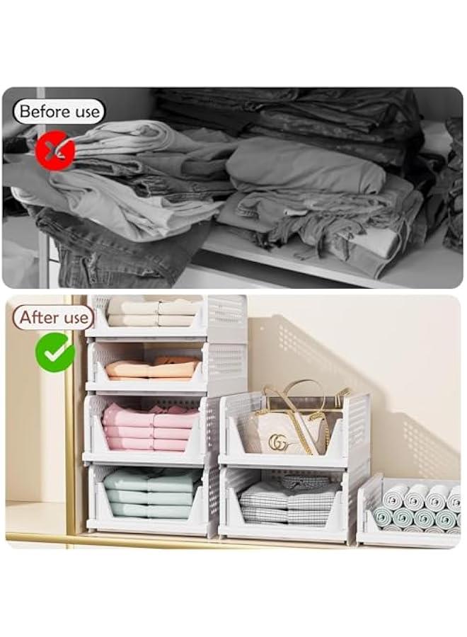 HOOKOR 4 Pack Stackable Plastic Storage Basket, Closet Organizer Bin, Foldable Clothes Storage Drawer Shelf Container for Living Room Bathroom Kitchen Office (4L), White - Image 5