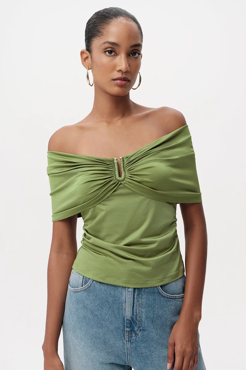 Exquise Off-the-shoulder slim-fit knitted khaki blouse with metal buckle.
