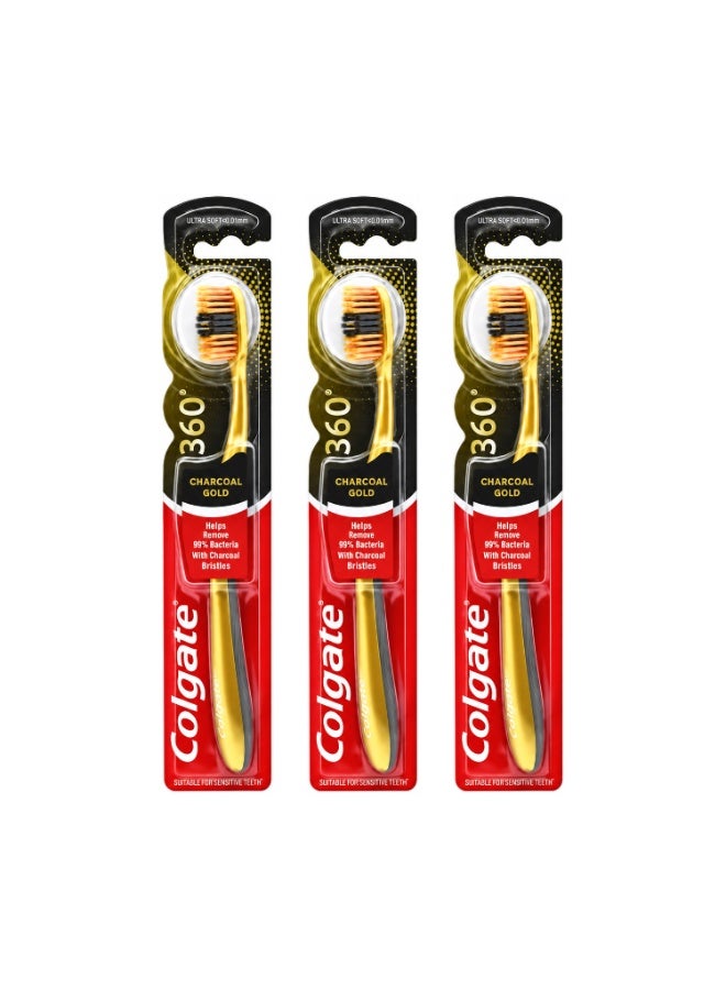 كولجيت فرشاة أسنان كولجيت 360 بالفحم الذهبي، عبوة من 3 قطع - Image 1