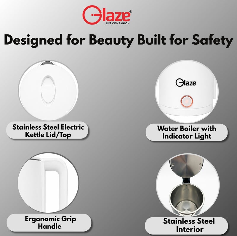 Glaze Electric Kettle 1.7L 1500W | Food Grade 304 Stainless Steel Interior | Fast Boil Electric Tea Kettle | Auto Shut-Off & Dry Boil Protection | White - Image 4