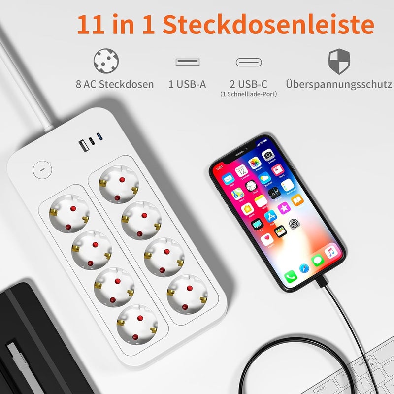 realmade Power Strip 8-Way Multiple Socket with USB-C 5 m, 8-Way Socket with Child Lock, Safe Multiple Socket with Switch for Home, Power Strip with Switch for Office and Kitchen - Image 2
