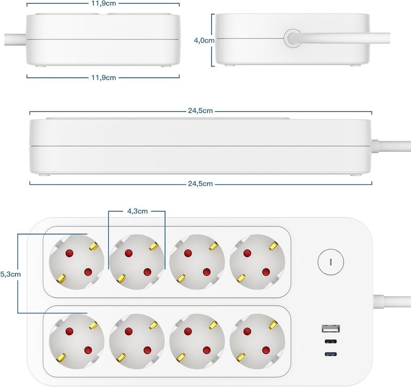 realmade Power Strip 8-Way Multiple Socket with USB-C 5 m, 8-Way Socket with Child Lock, Safe Multiple Socket with Switch for Home, Power Strip with Switch for Office and Kitchen - Image 5