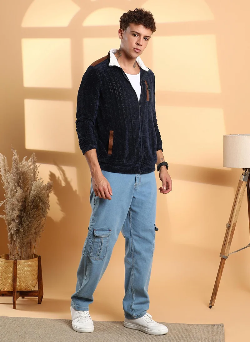 CAHOOT  Men's Navy Blue Zip-Front Cable Knit Jacket for Men | Best Price UAE
