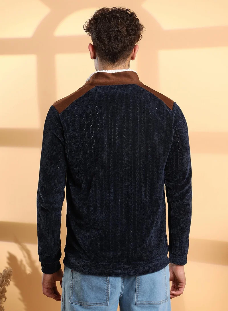 CAHOOT  Men's Navy Blue Zip-Front Cable Knit Jacket for Men | Best Price UAE
