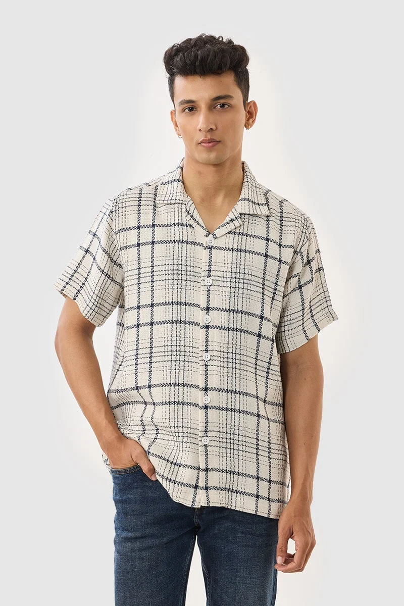 SNITCH Cream Checkered Half Sleeve Boxy Shirt