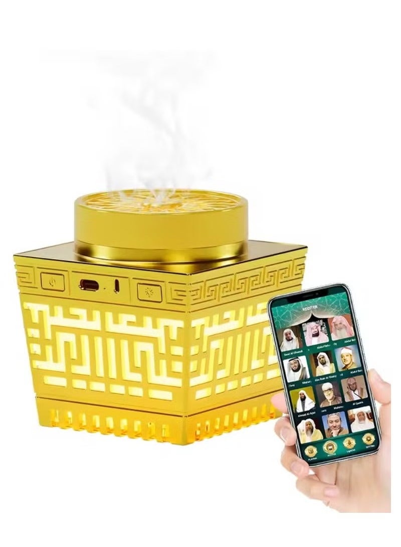 JAJEEK Quran Speaker & Mini Incense Burner Bakhoor with Remote Control – 114 Quran Chapters, Multicolor LED Night Light, Bluetooth Speaker, 18 Reciters, 17 Translations, Bukhoor Burner – Gold - Image 1