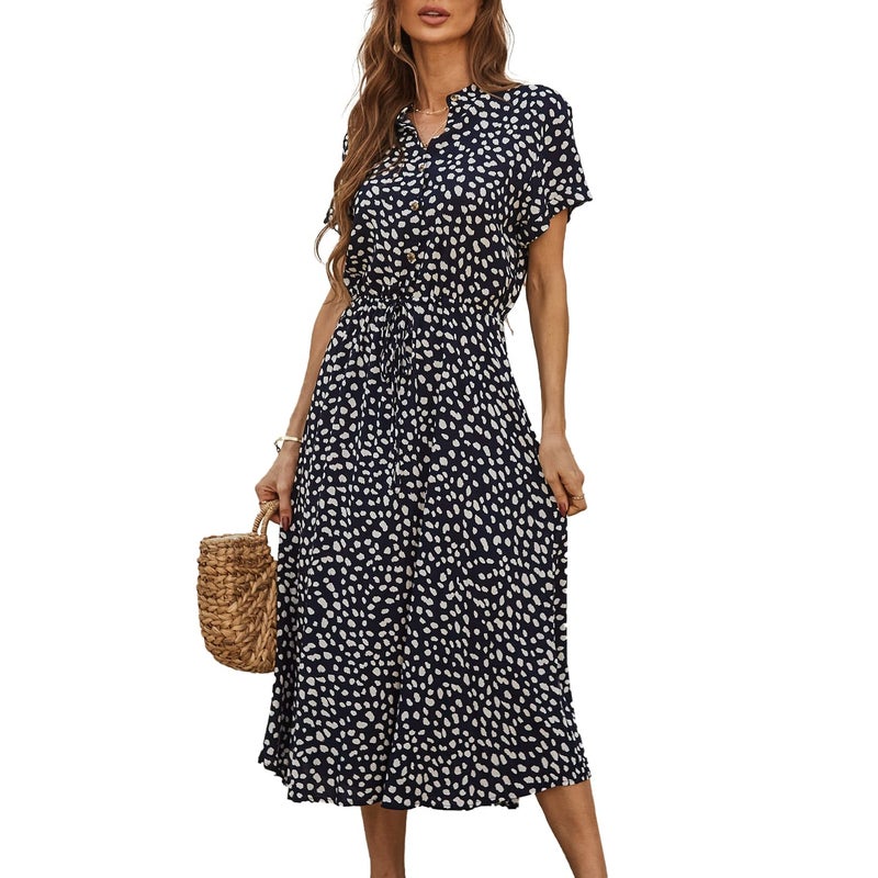BROVAVE Women's Summer Polka Dot Print Shirt Dress Vintage Short Sleeve Button Down Midi Dress(Dark Blue, L) - Image 1