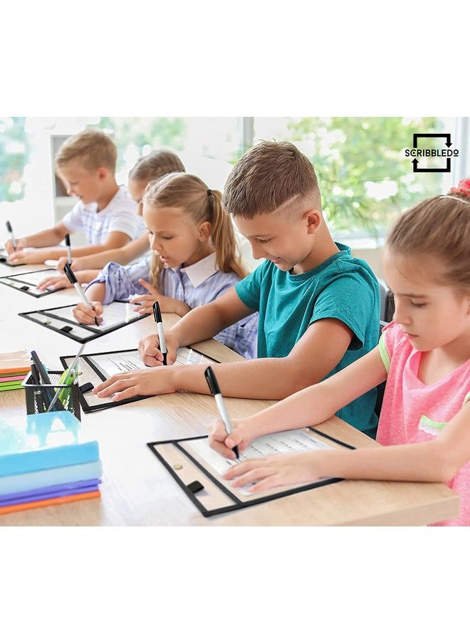 Scribbledo 6 Pack Dry Erase Pockets Black Plastic Sleeves For Paper Heavy Duty Clear Pocket Sleeves Dry Erase Pocket Sleeves Teacher Supplies For Classroom School Office Work Warehouse Ticket Holders  - Image 2