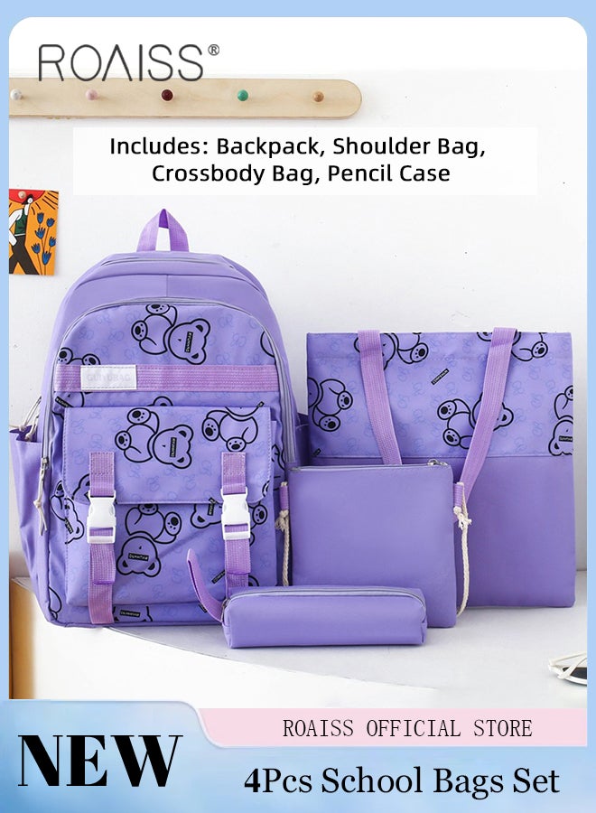roaiss 4 Piece Casual Backpack Set for Students Including Backpack Handbag Pen Case and Coin Bag Simple Cute Large Capacity Practical Canvas Backpack Combination for Kids with Exquisite Print  - Image 1