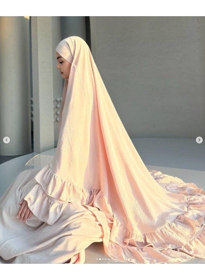 مجموعة رداء مسلم طويل بقصّة الأكمام المخططة وشال الرأس، ارتداء أنيق وعفوي للاستجابة، تشمل التنورة والشال - Image 2