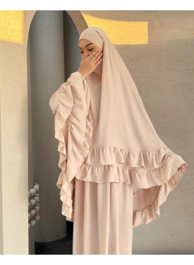 مجموعة رداء مسلم طويل بقصّة الأكمام المخططة وشال الرأس، ارتداء أنيق وعفوي للاستجابة، تشمل التنورة والشال - Image 3