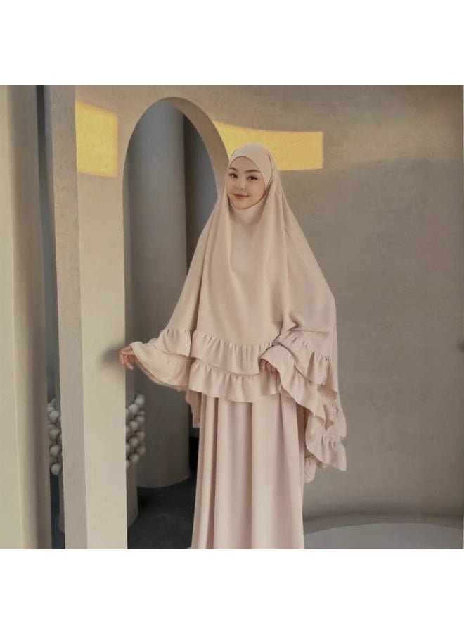 مجموعة رداء مسلم طويل بقصّة الأكمام المخططة وشال الرأس، ارتداء أنيق وعفوي للاستجابة، تشمل التنورة والشال - Image 4